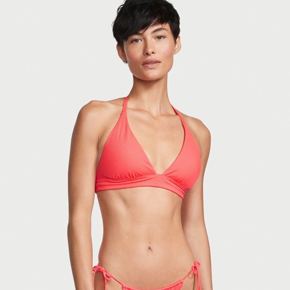VICTORIA'S SECRET SWIM Halter Removable Push-Up Bikini Top XS Coral Blaze